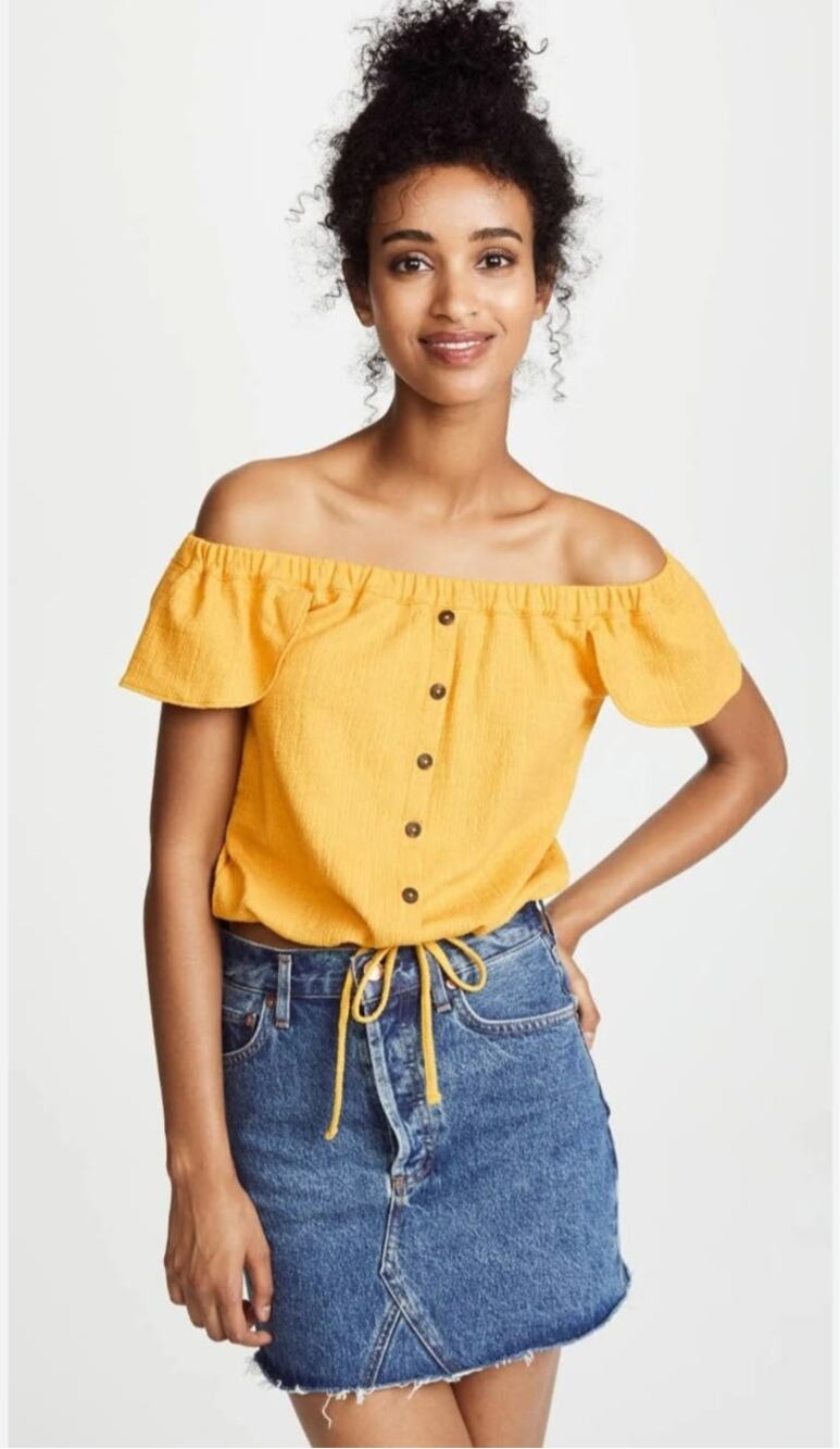 Madewell Textured Off Shoulder Button Front Tie Hem Crop Top Yellow Size Small